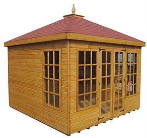 wooden summer house with glazed front and red tiled roof