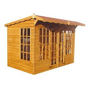 pent style summer house with glazed double doors and wooden canopy over front