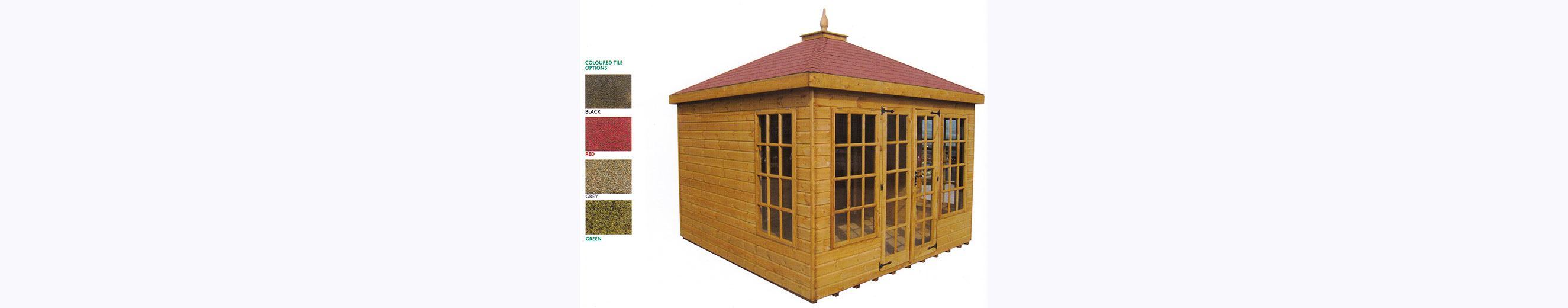 Large wooden summer house with glazed front and double doors